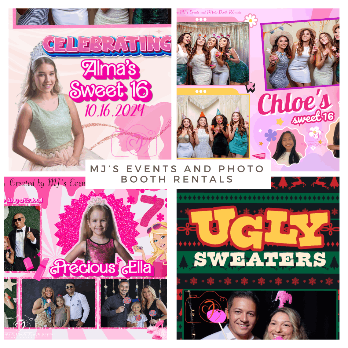 Collage for showing great overlay designs created by MJ's Events and Photo Booth Rentals.